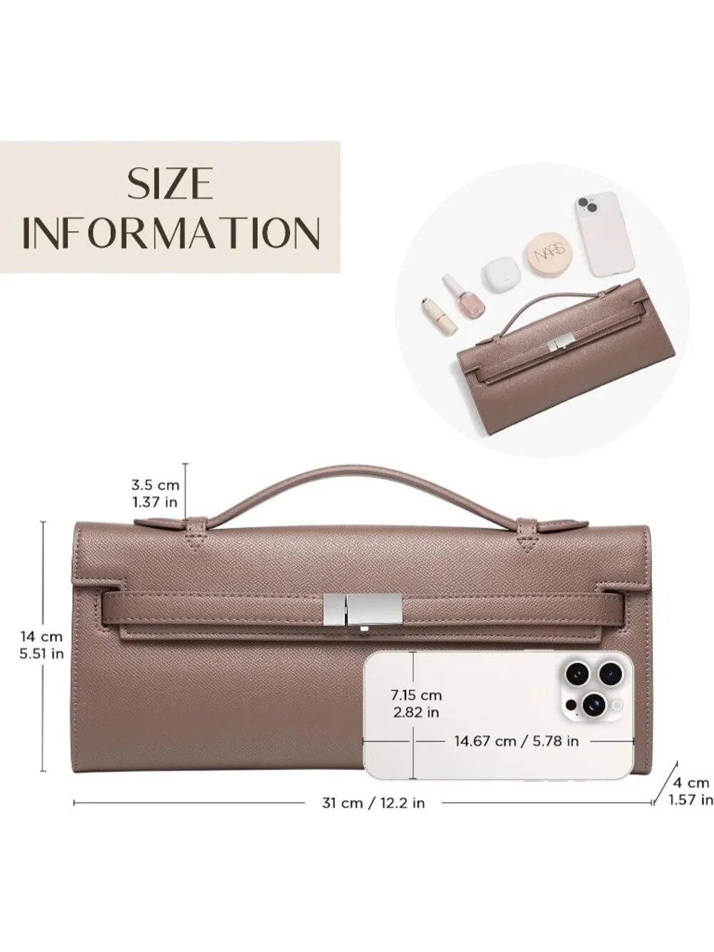 👜Women's Taupe PU Leather Top Handle Bag Evening Clutch Purse Party Wedding